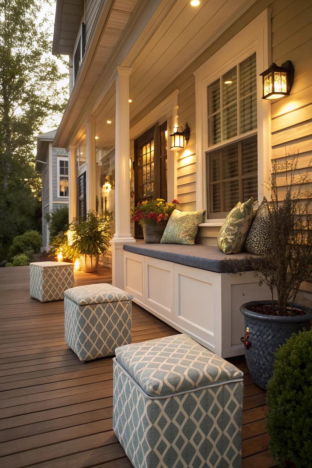 Keep your porch tidy with hidden storage solutions.