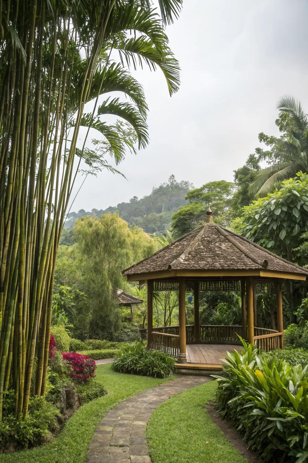 A gazebo turned into a lush tropical paradise.