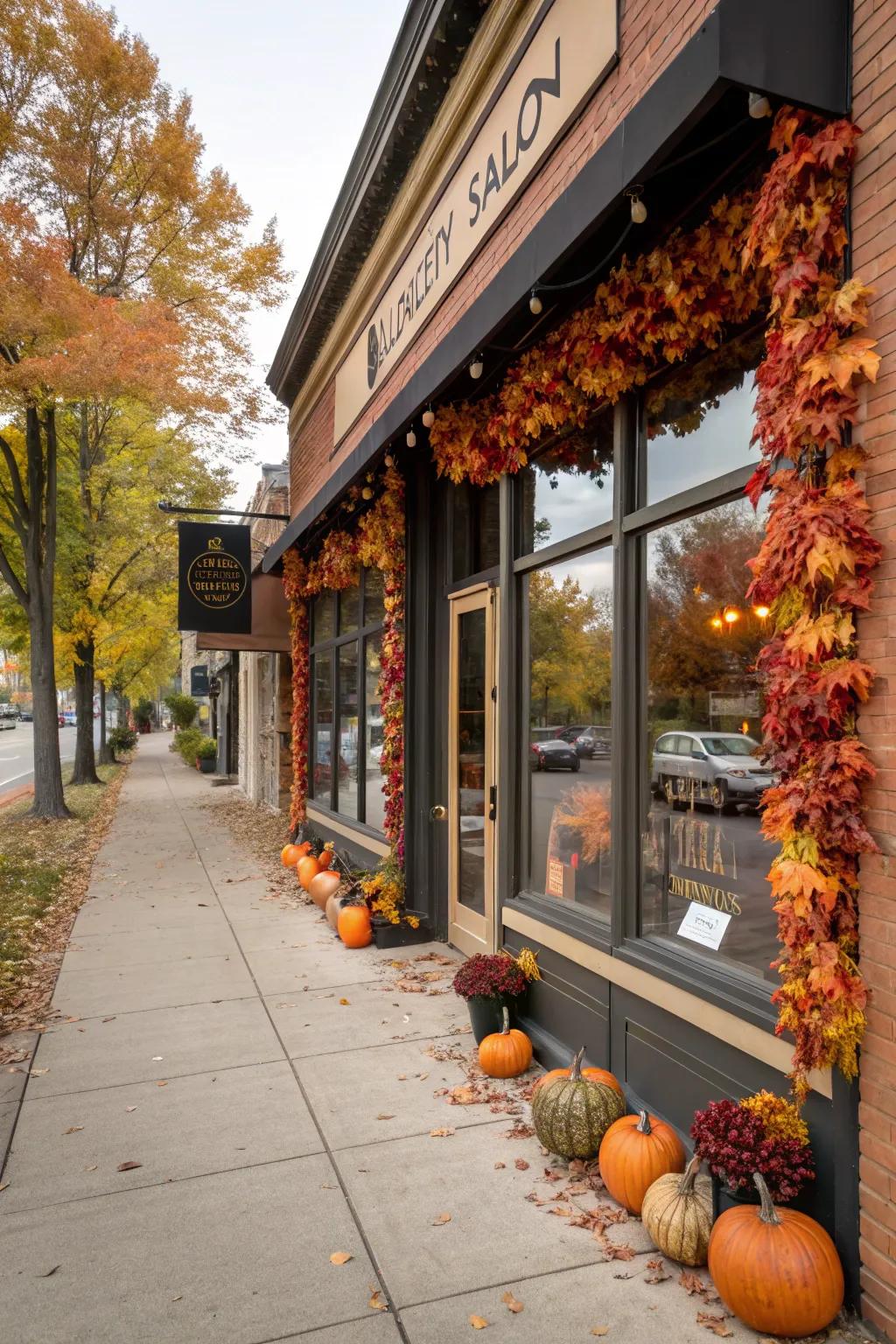 A beauty salon showcasing vibrant seasonal decor outside.