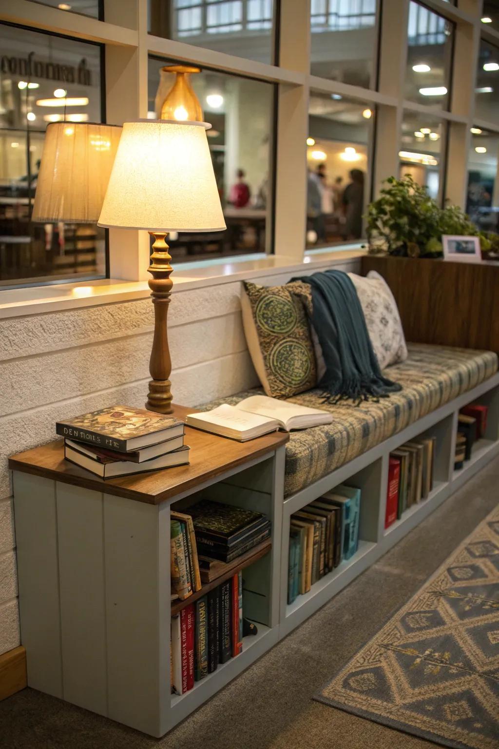 A bench transformed into a cozy reading nook.