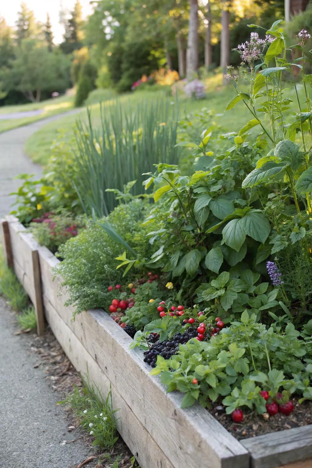 Edible plants adding a practical and delicious element to a garden berm.