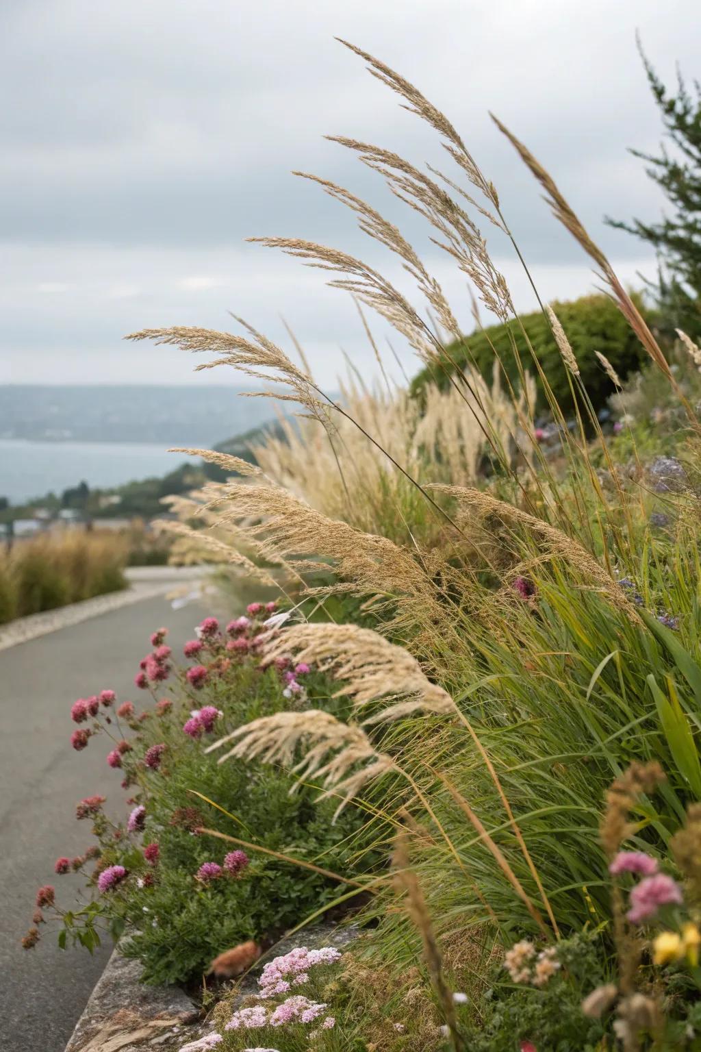 Ornamental grasses add movement and whimsy to this naturally styled berm.