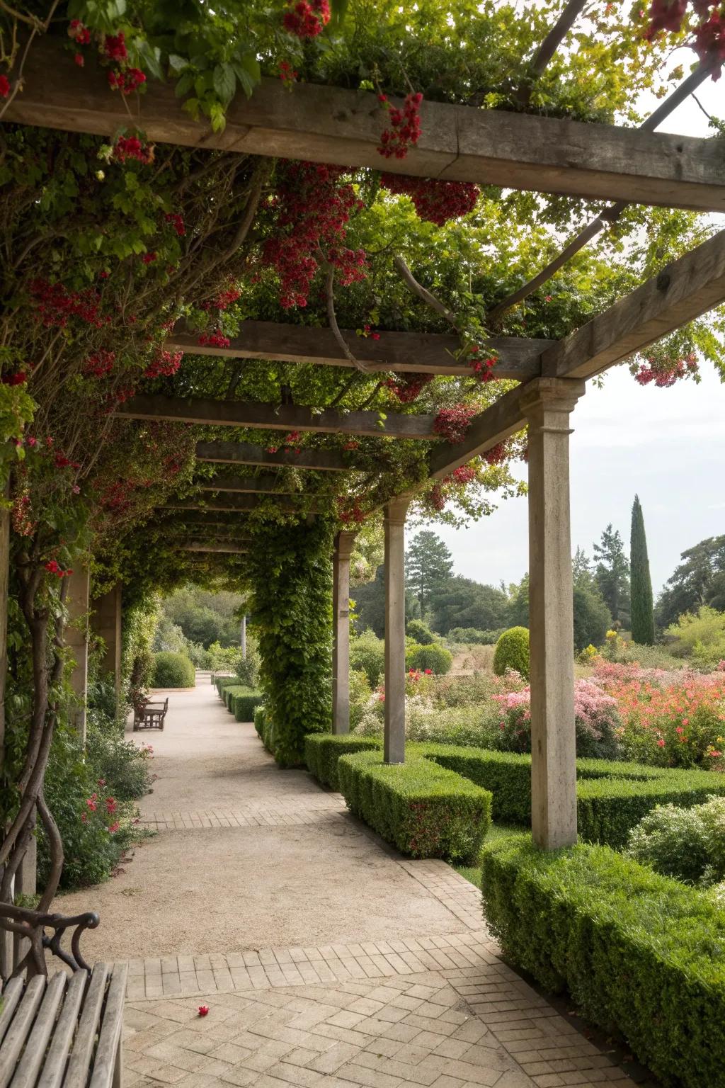 A pergola elegantly adorned with berry vines, offering a shady garden retreat.