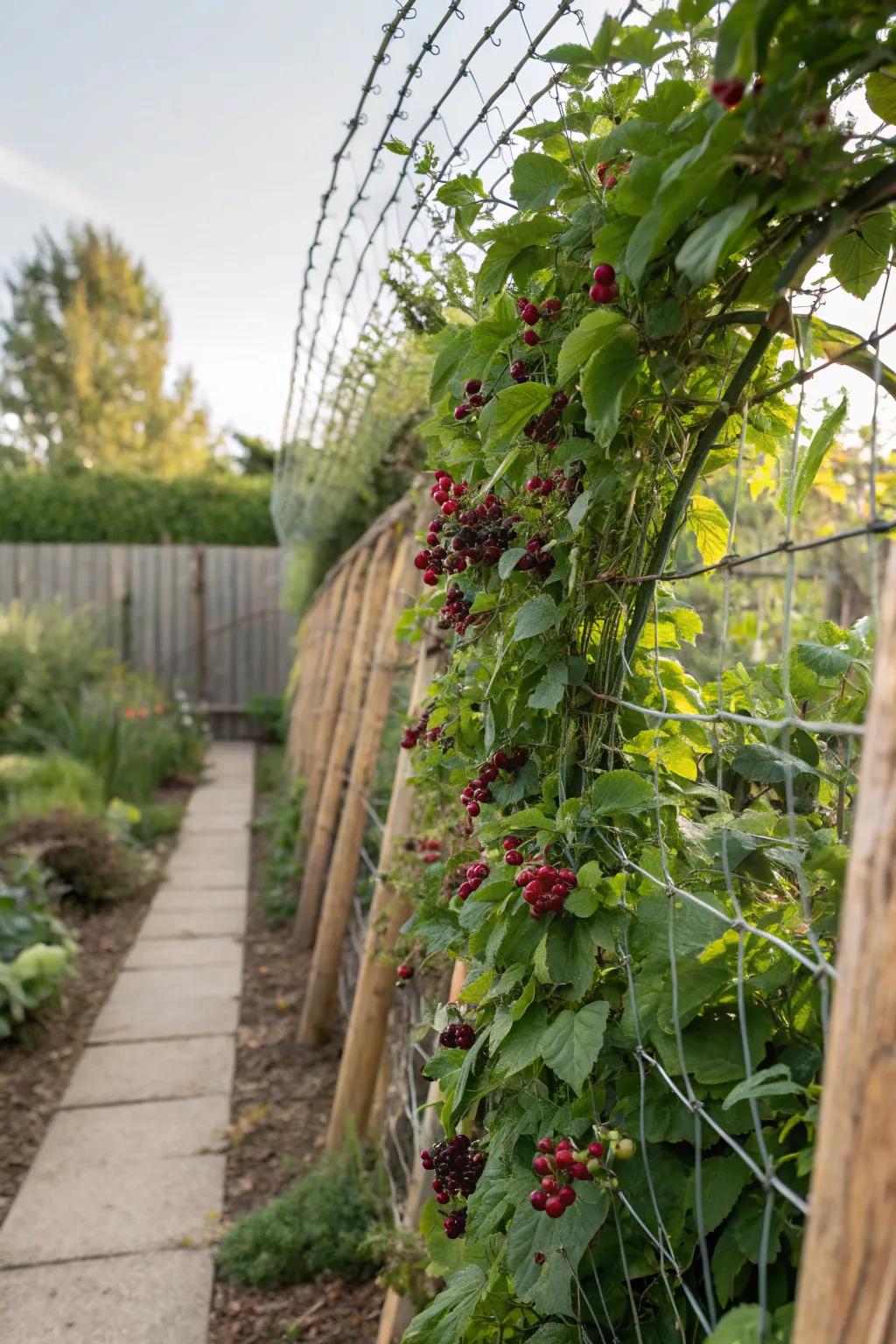 Wire and netting trellis provides versatile support for berry plants.