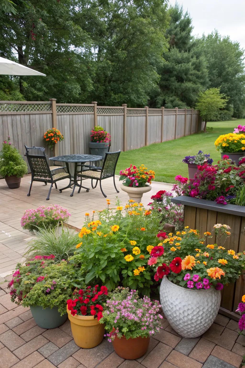 Container gardens bring vibrant colors and flexibility to your patio.