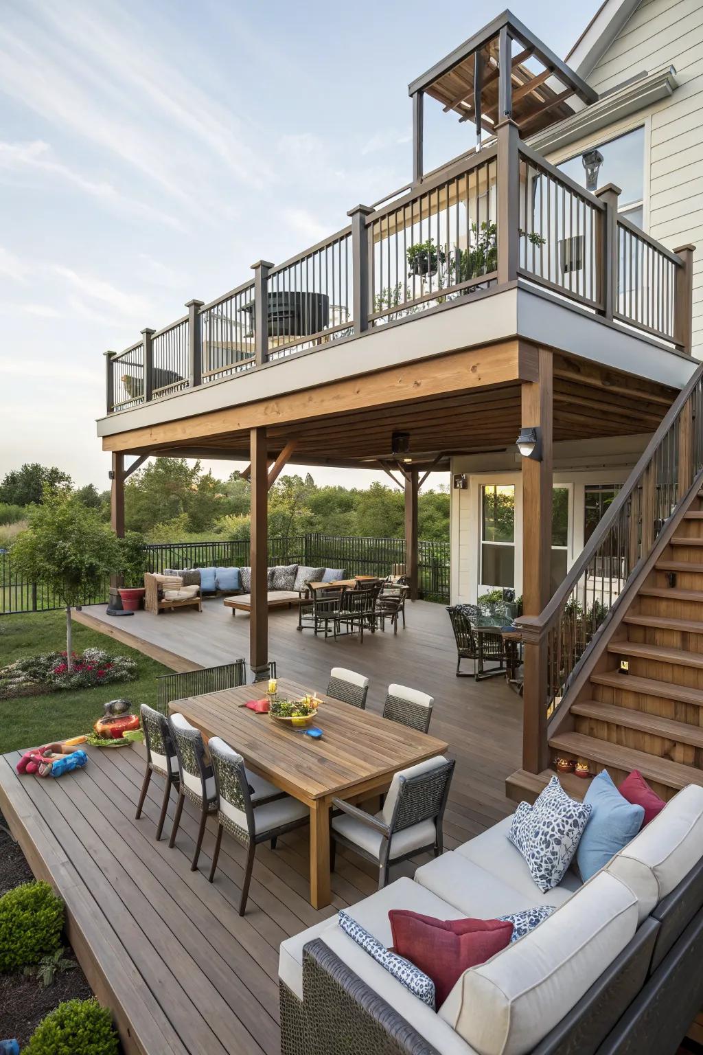 A dynamic multi-level deck with defined spaces for various activities.