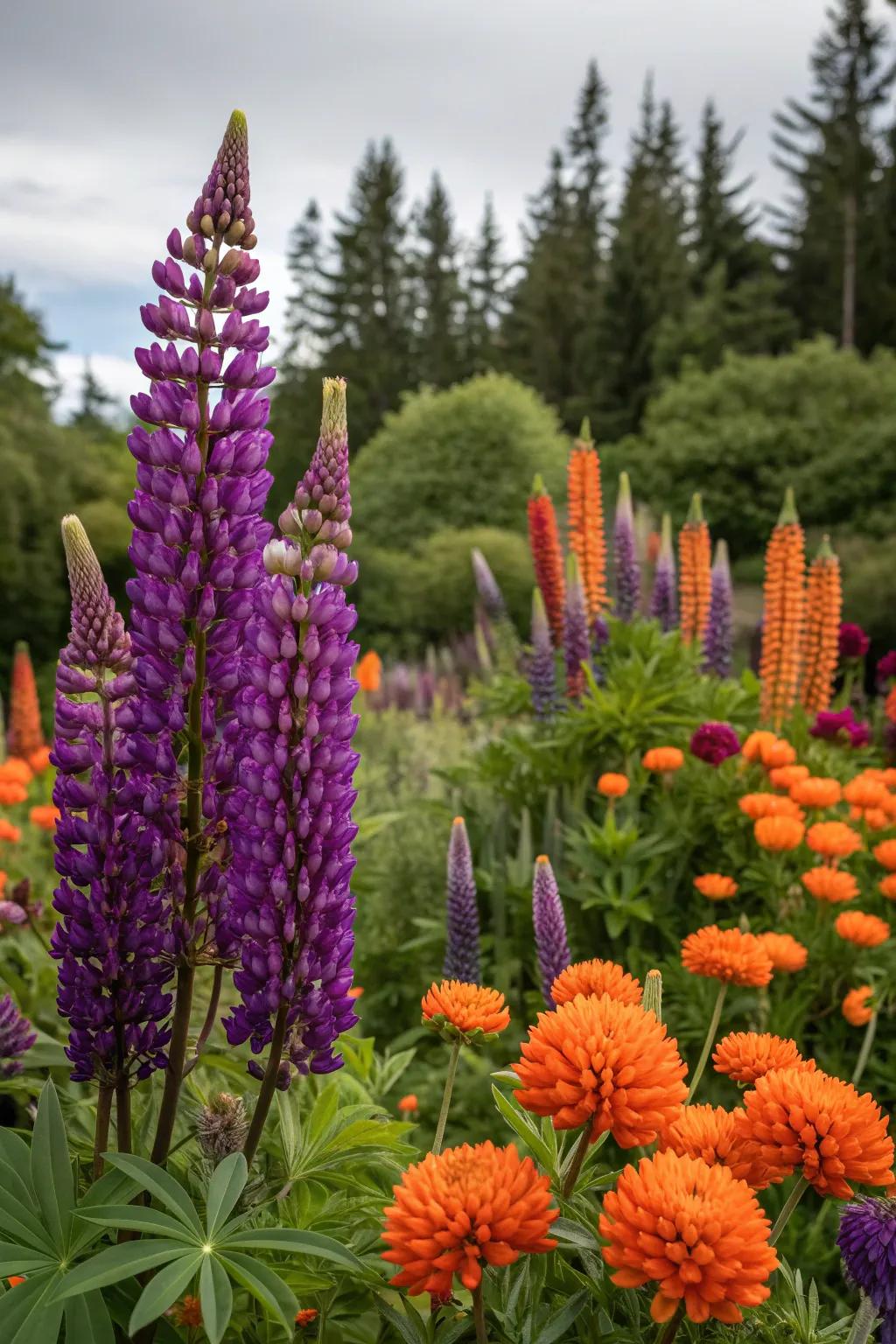 Bold and lively with purple and orange flowers.
