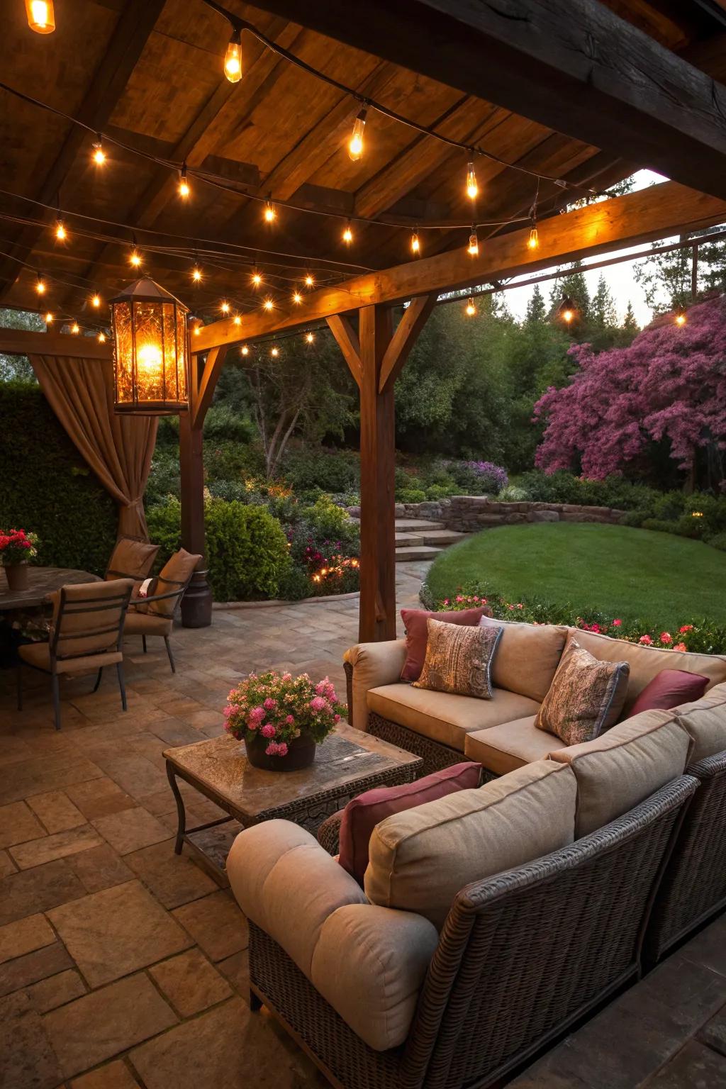 A sunken patio offers a cozy and intimate outdoor space