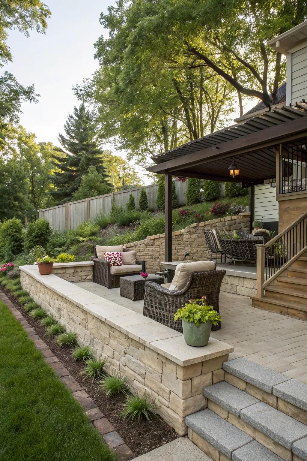 Raised patios provide elevated charm and functionality.