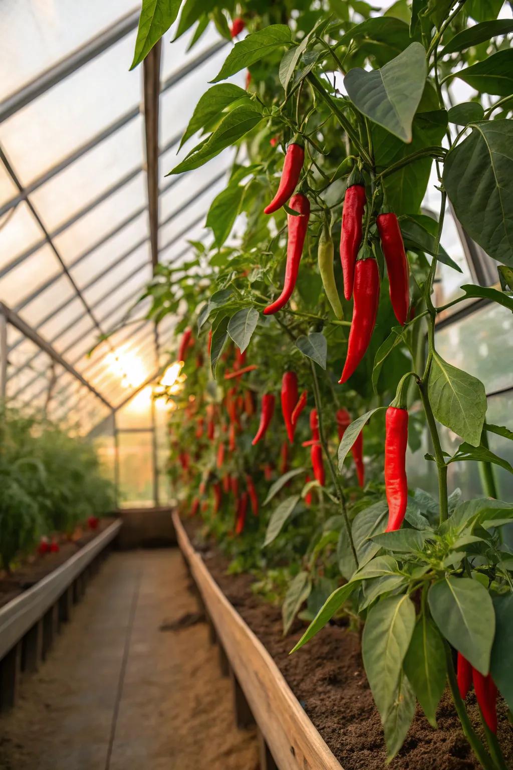 Spicy chilies growing in a greenhouse, ready to heat up your culinary creations.
