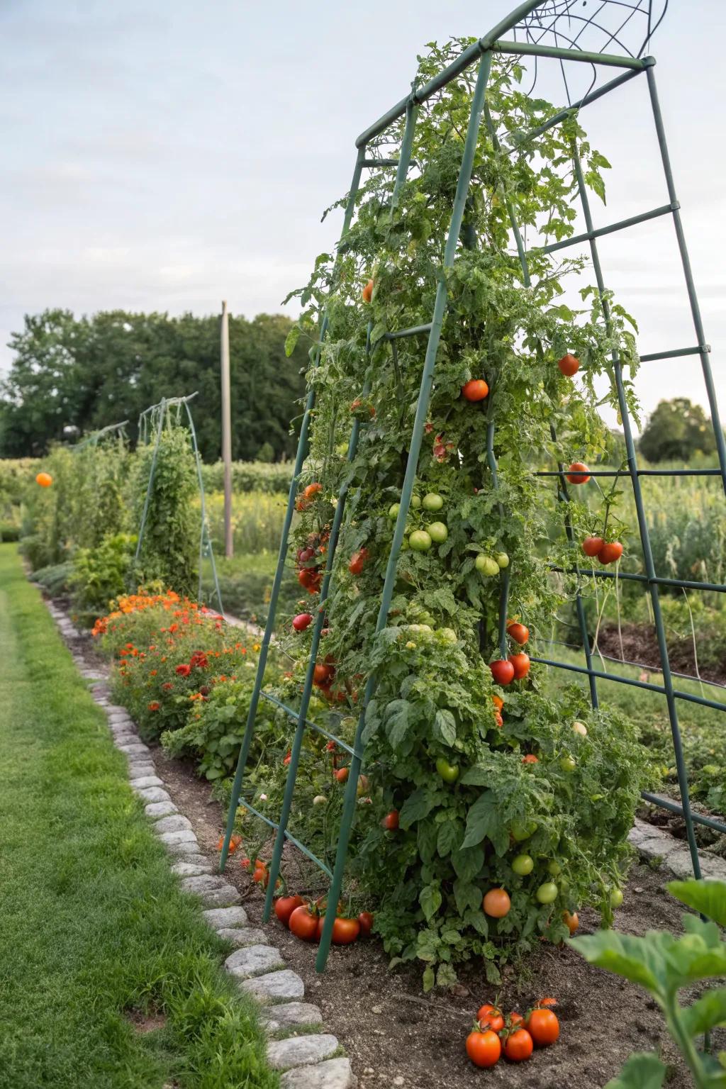 Cattle panel trellis offers a robust solution for supporting heavy tomato growth.
