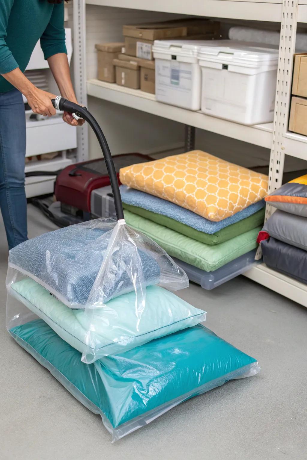 Vacuum-sealed bags minimizing storage space required for cushions