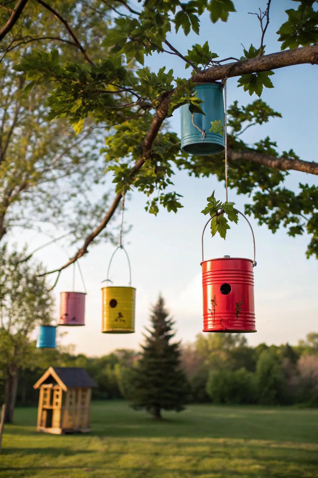 Colorful creativity with upcycled tin can feeders.