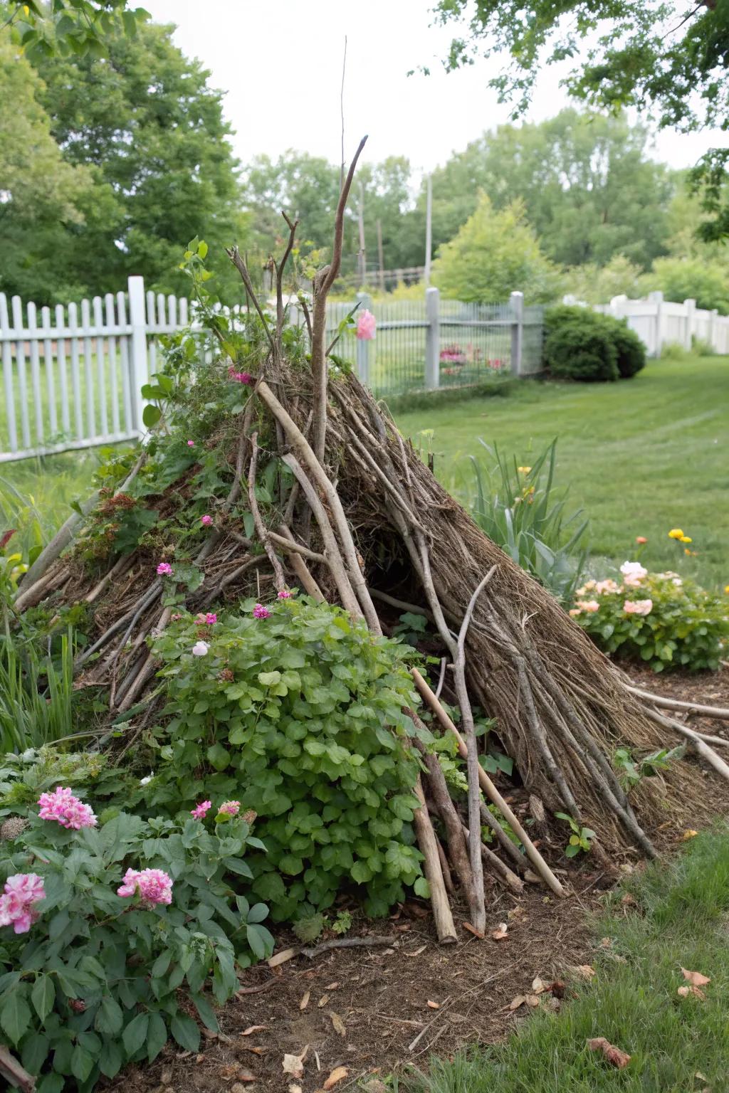 A brush pile offers essential protection and habitat for garden birds.