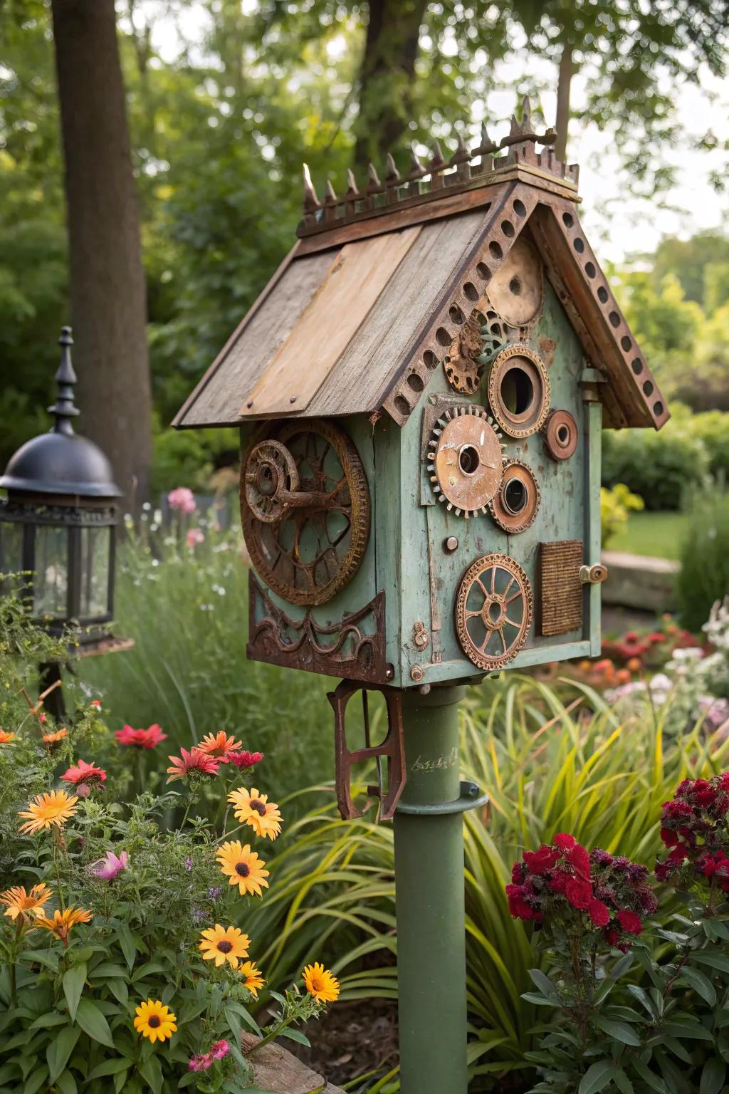A steampunk birdhouse with fantastical elements and Victorian flair.