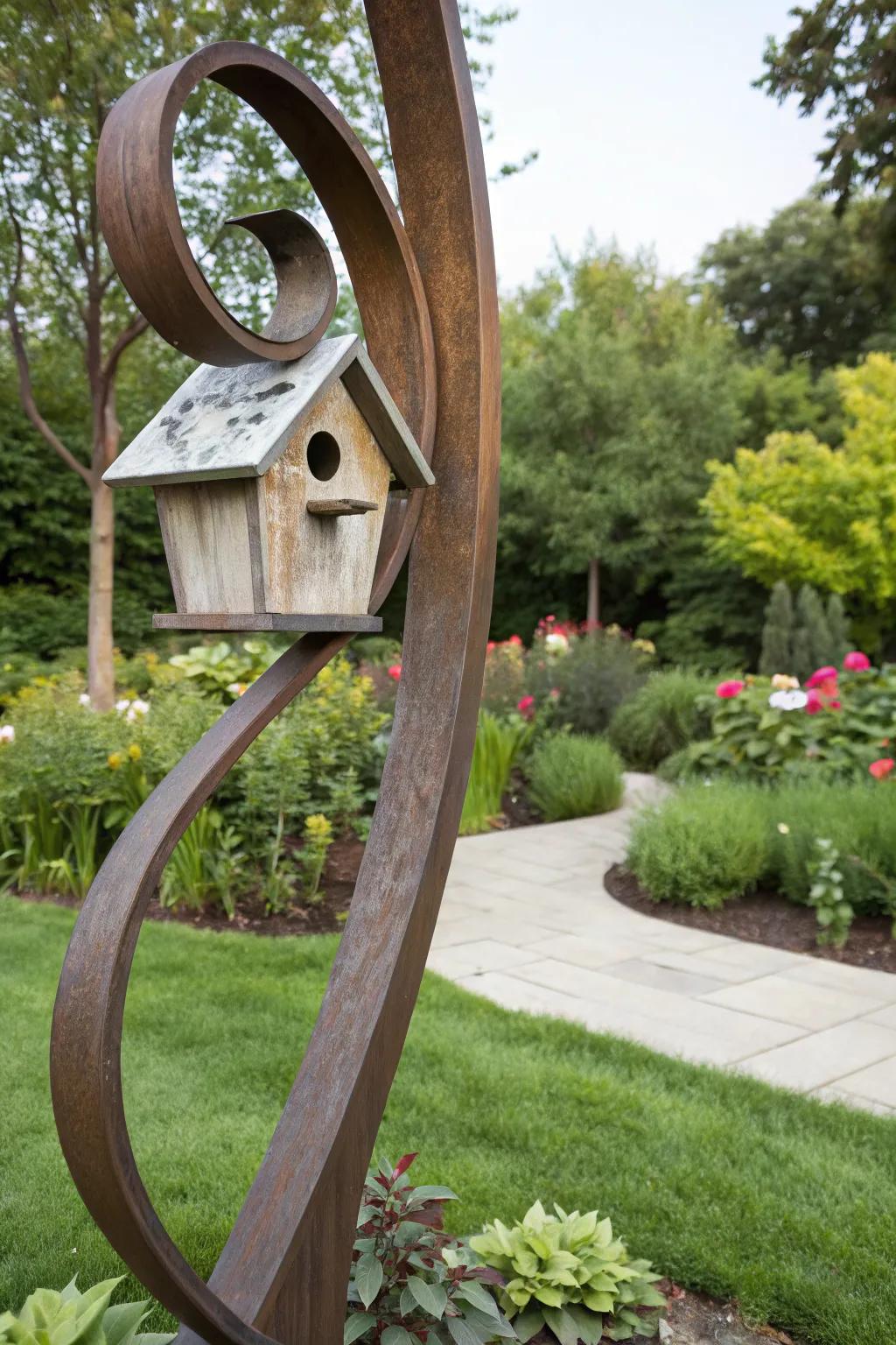 A sculpture with an integrated birdhouse becomes a garden masterpiece.