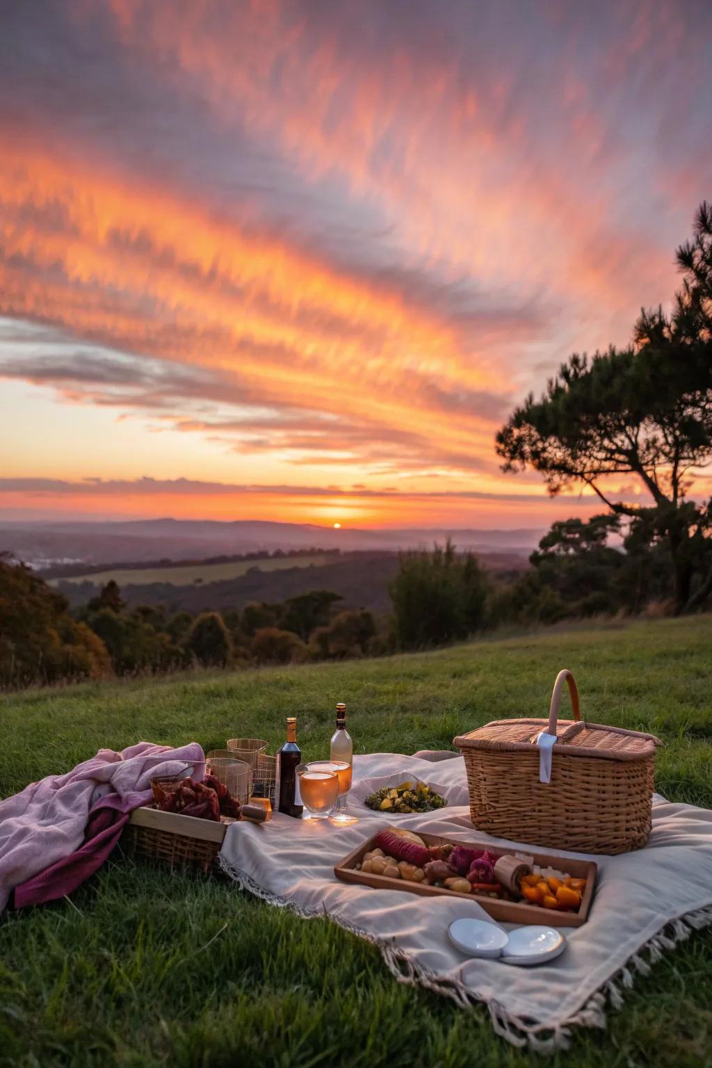 A sunset picnic with a breathtaking view of the colorful sky.