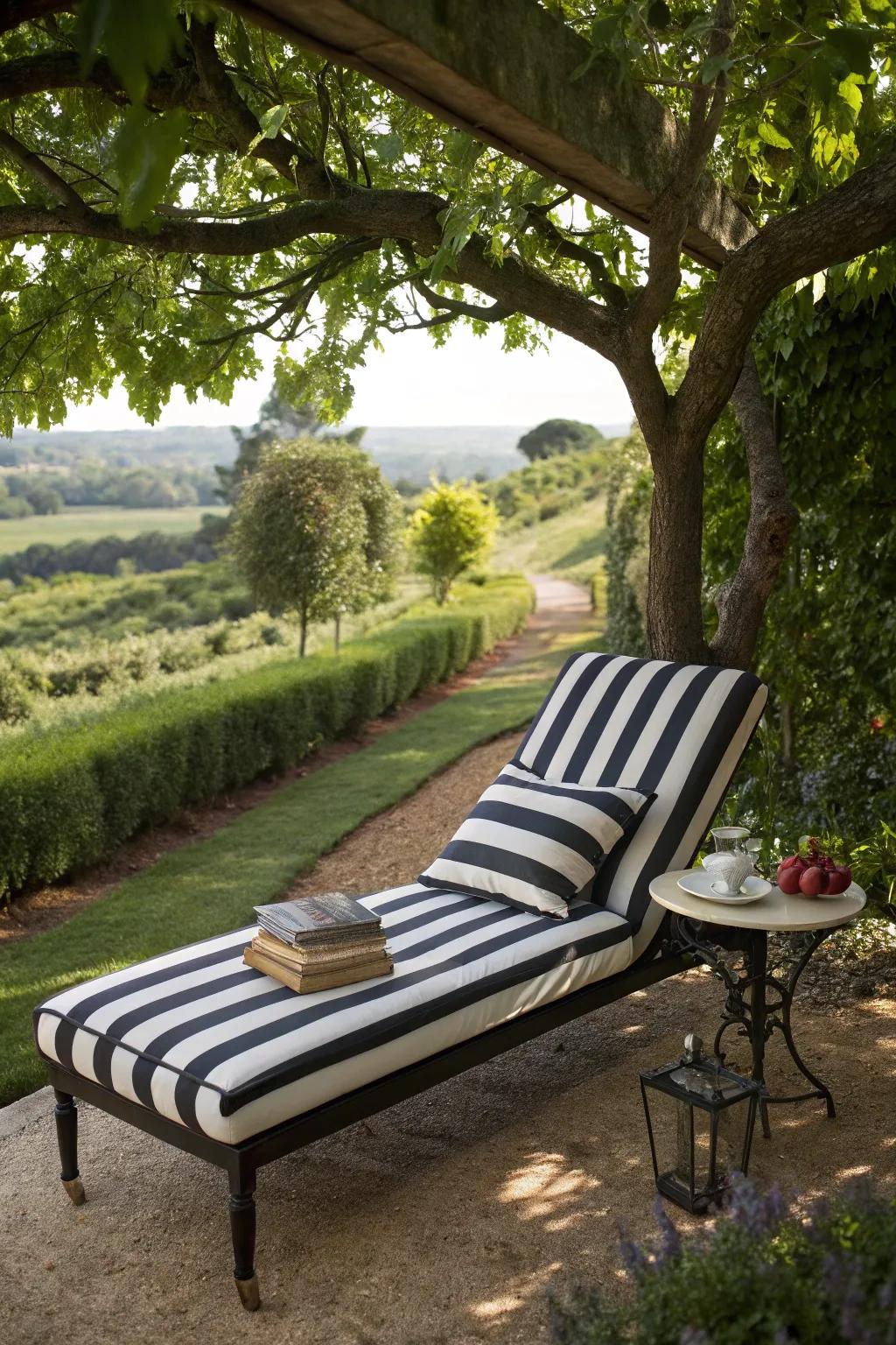 A peaceful reading nook with a chic striped chaise lounge.