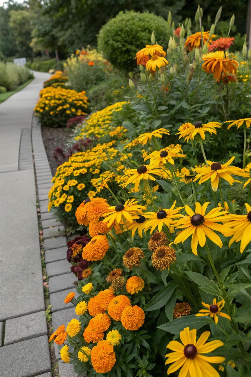 A cohesive garden theme with sunny blooms.