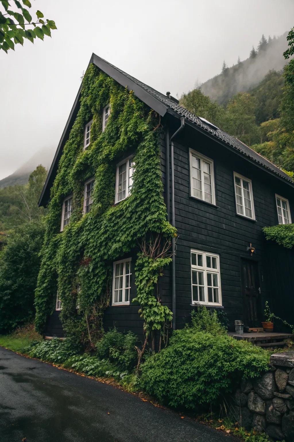 Green accents bring life to a black house exterior.