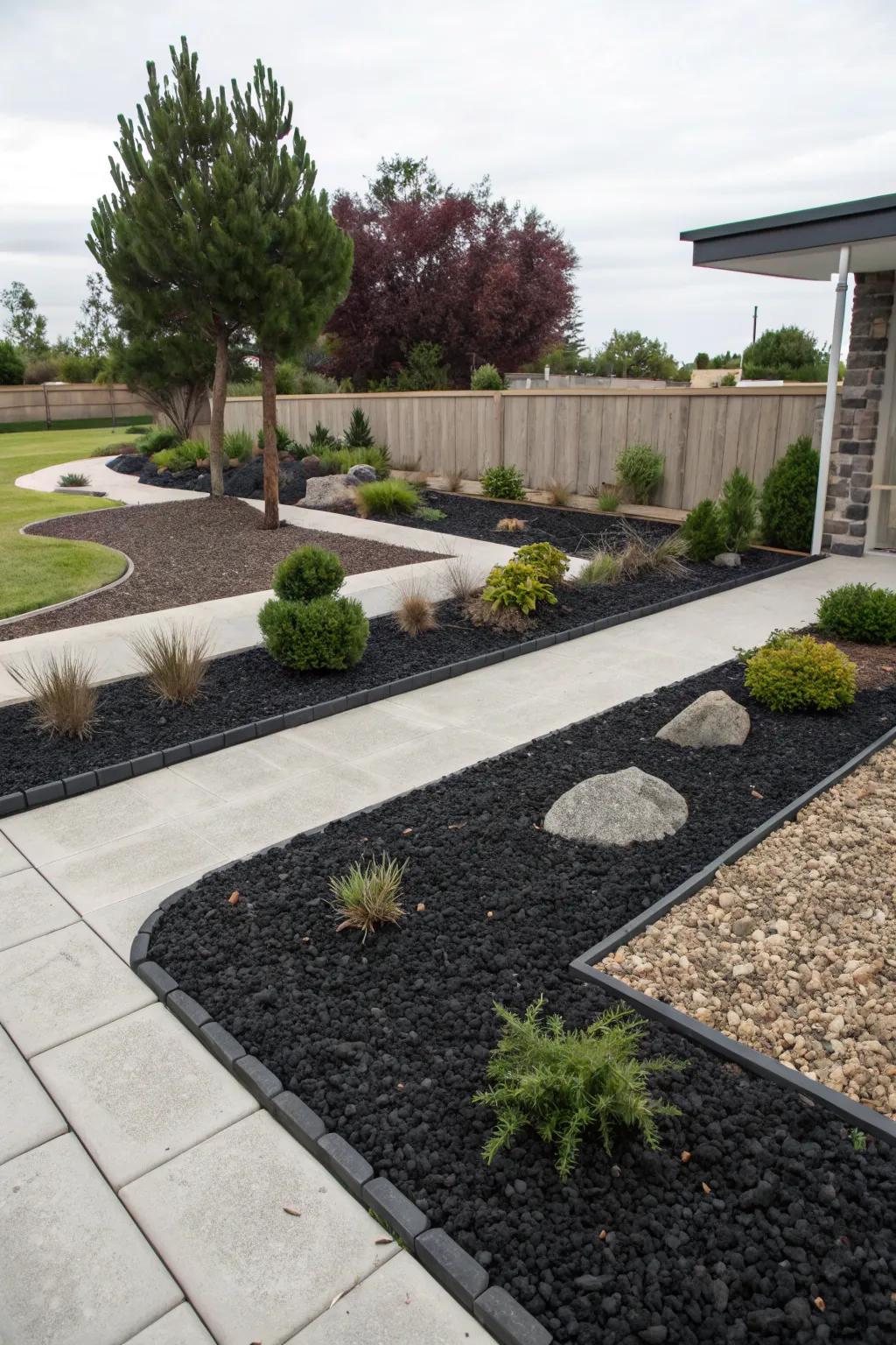 Low-maintenance garden with black mulch and gravel mix.