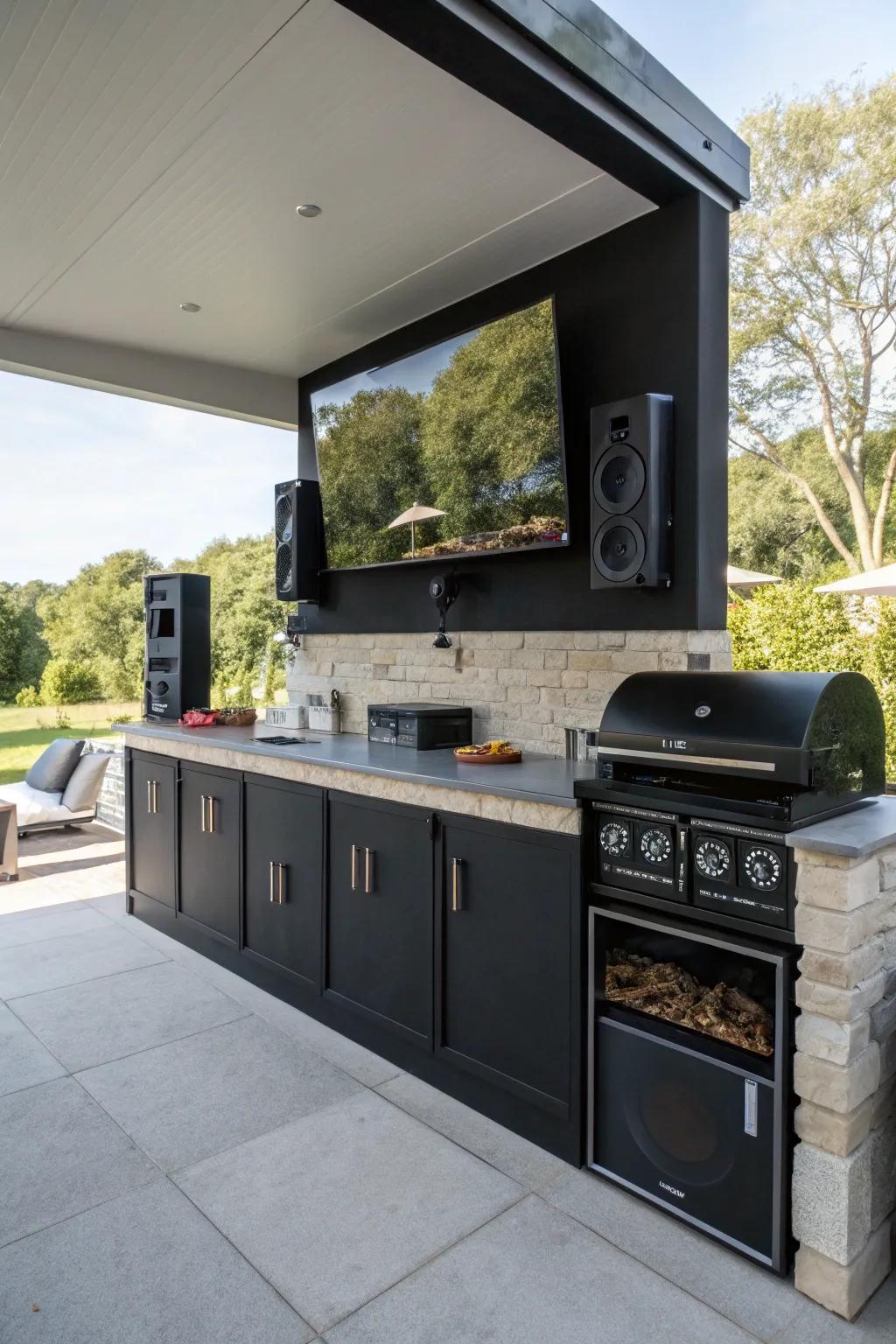 An entertainment system elevates the outdoor kitchen experience.