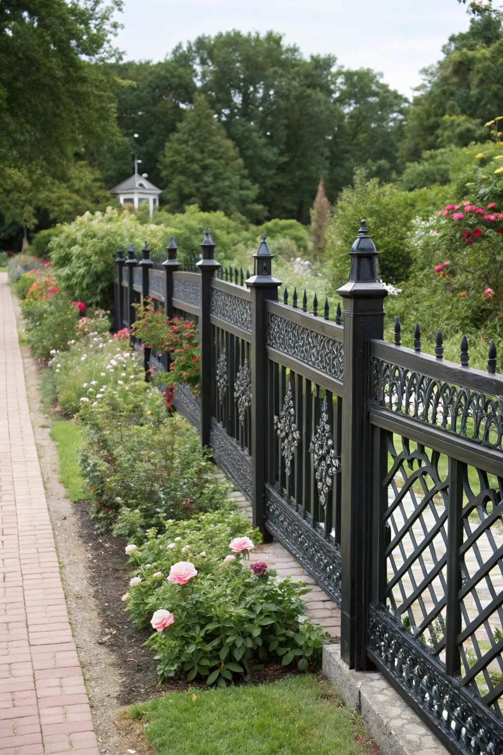 Patterned panels add visual interest to a black fence.