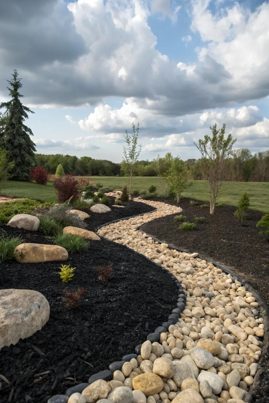 An artistic stone river weaving through black rubber mulch.
