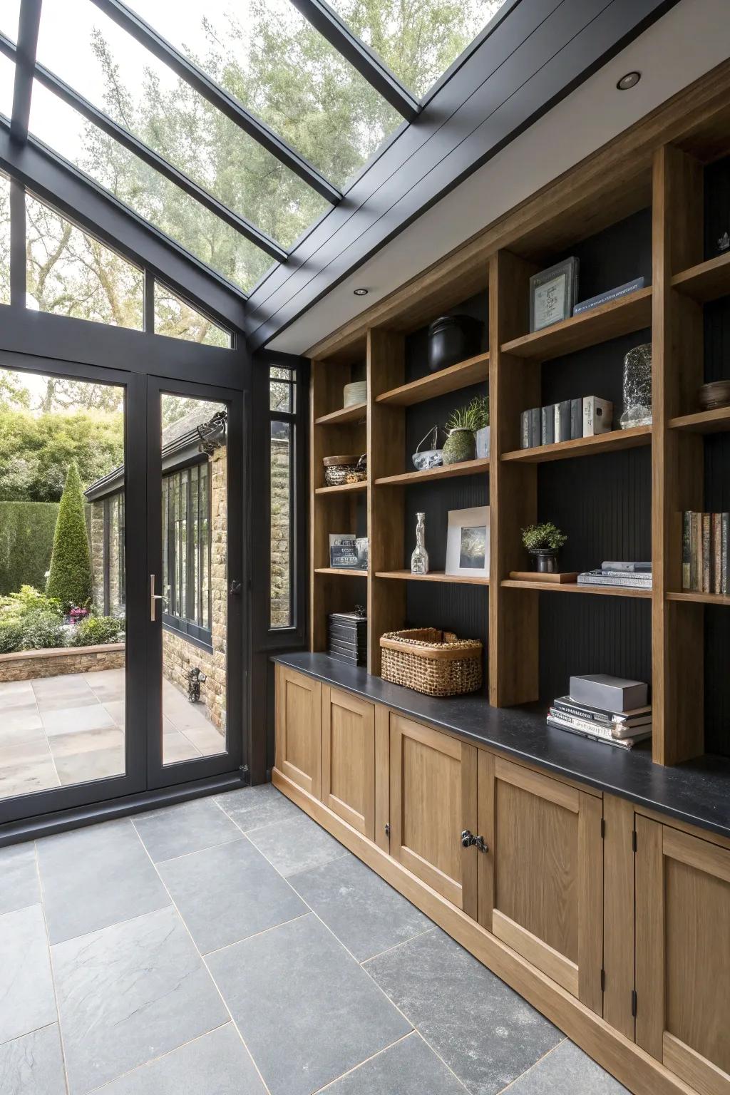Custom built-ins offer stylish storage solutions in a black sunroom.