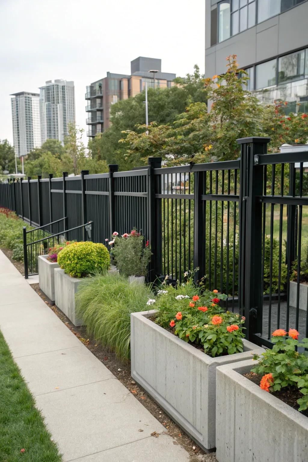 Industrial elements add a chic, urban edge to the fence.