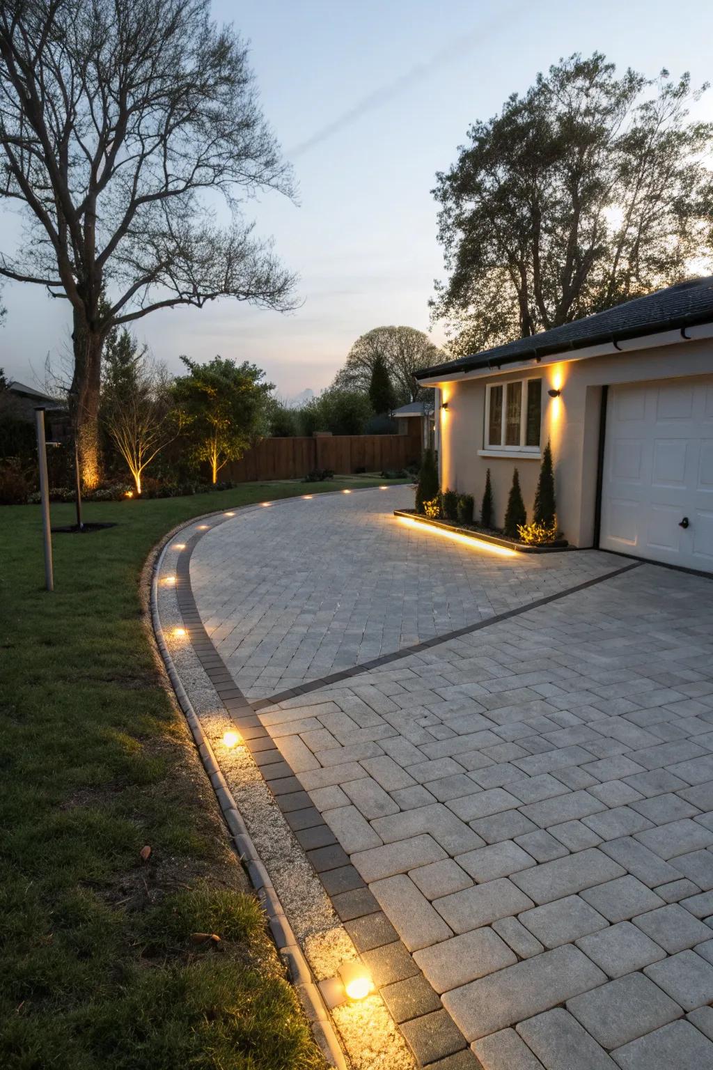Integrated lighting accentuating the driveway and enhancing safety