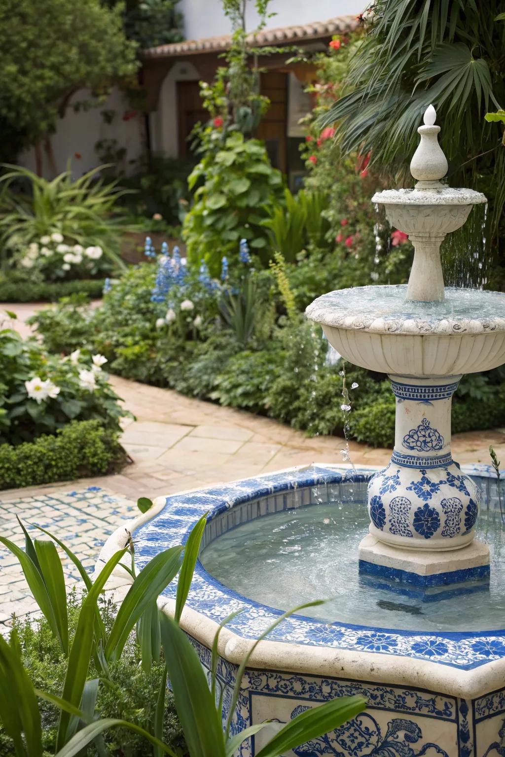 A serene water feature with blue and white accents