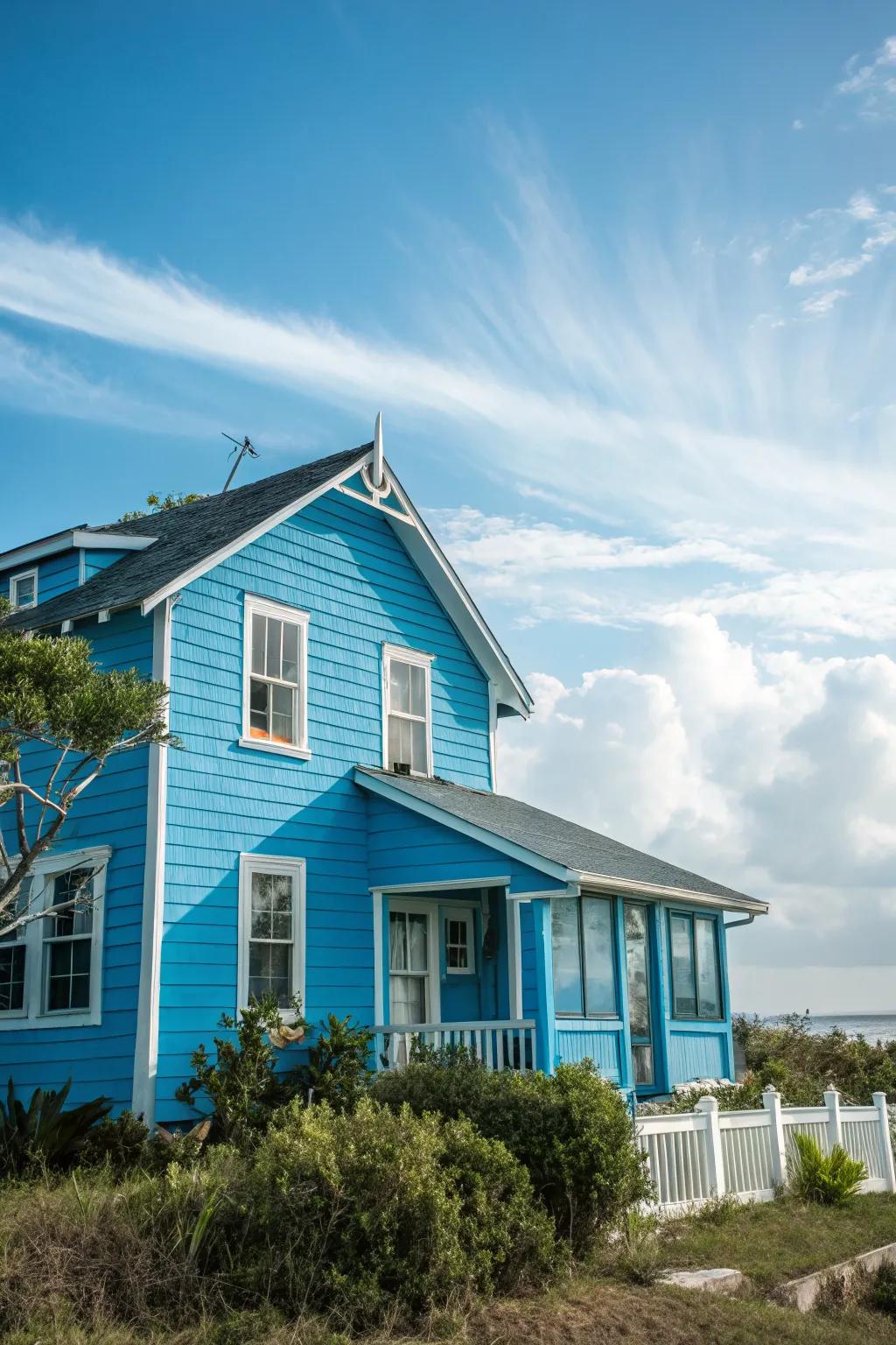 A bright and breezy home with a cerulean blue exterior that welcomes you.