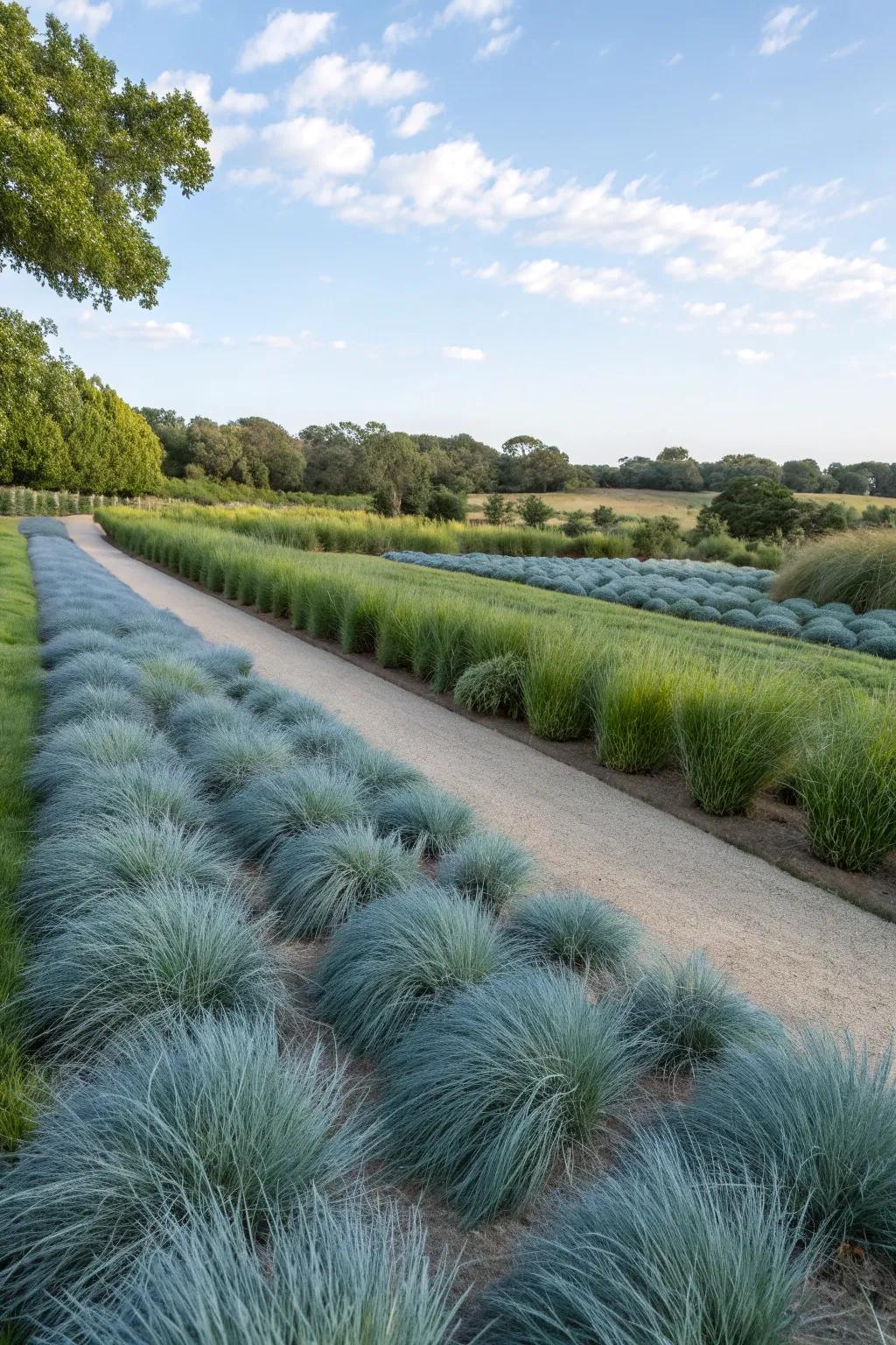 Mass plantings of blue fescue create a stunning sea-like landscape.