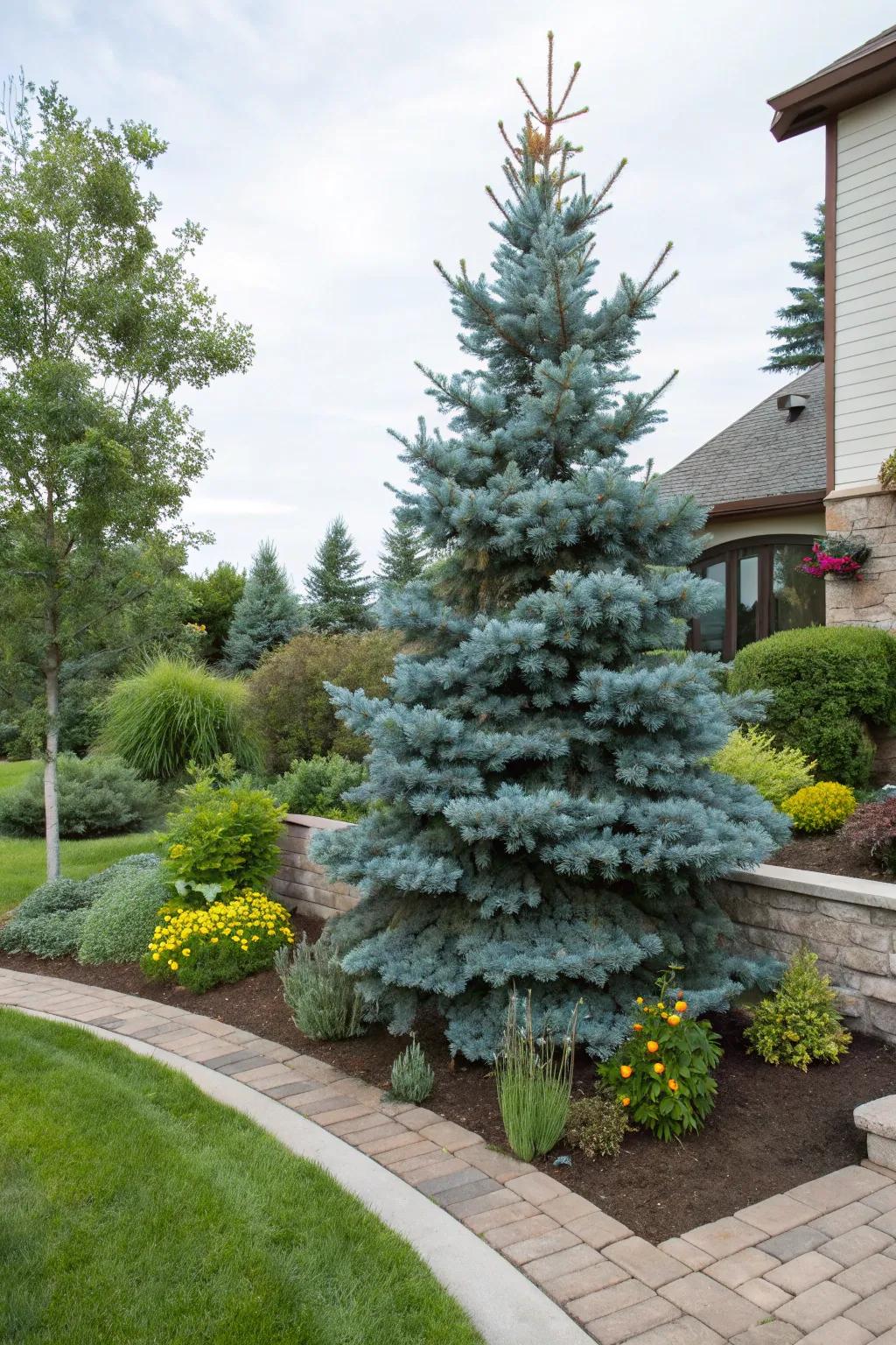 Anchor your garden design with a blue spruce at the corner.