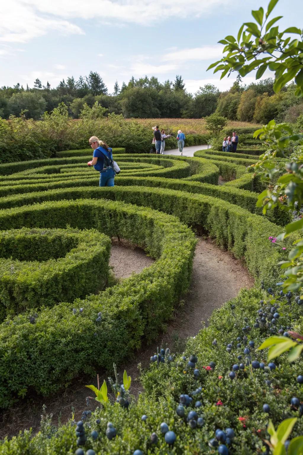 A playful garden maze crafted from blueberry bushes.