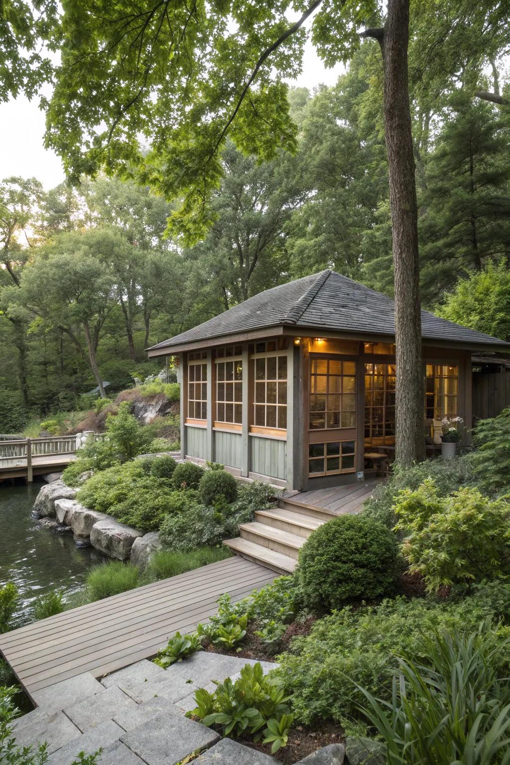 A boat house designed with privacy in mind using screens and landscaping.
