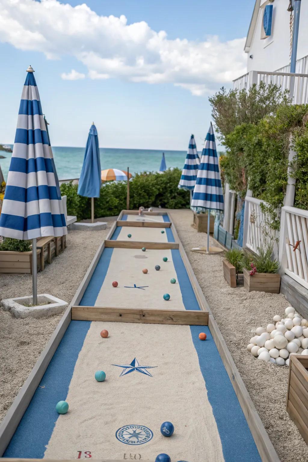 A seaside escape bocce court for ocean lovers.