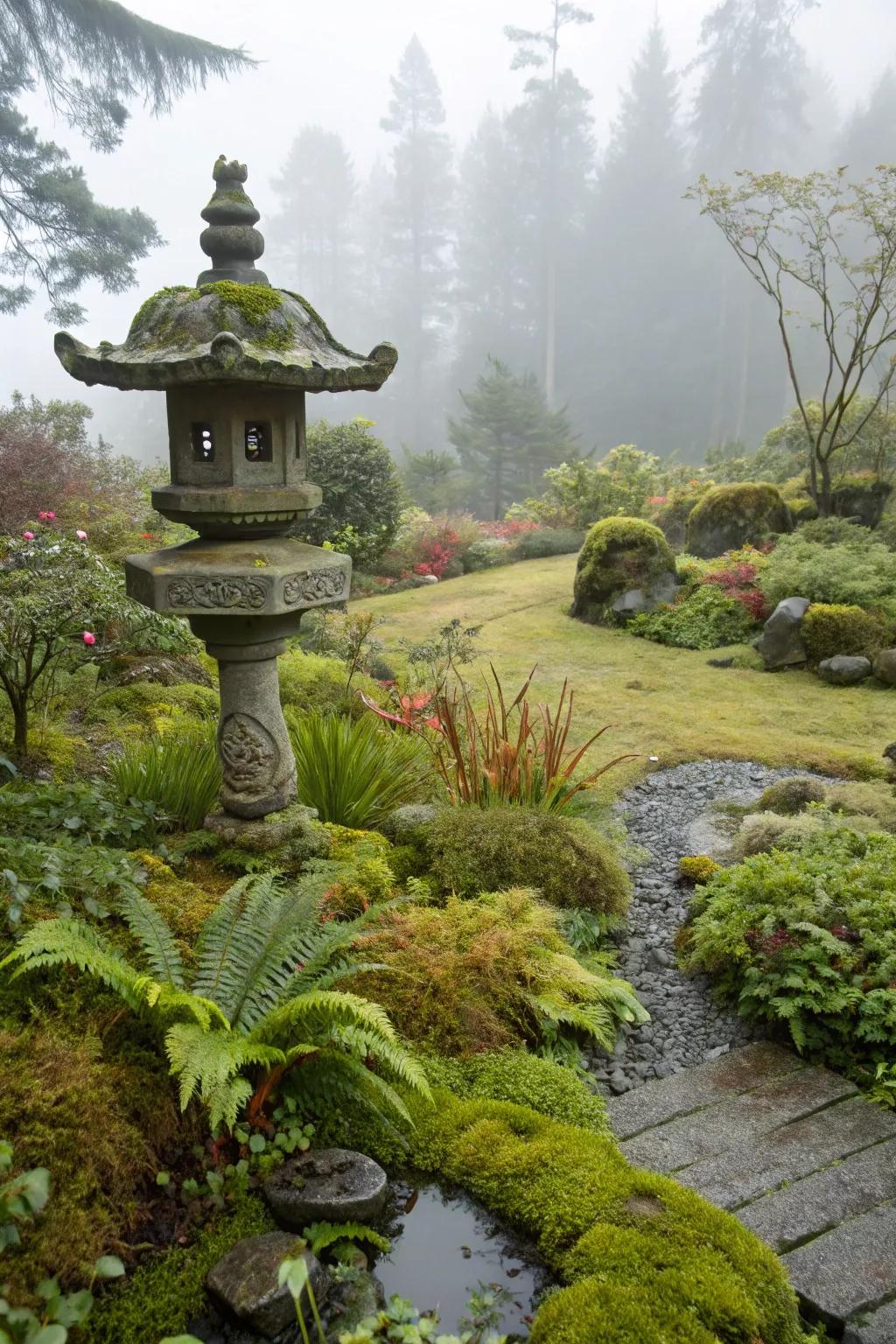 A whimsical garden sculpture adds personality to a bog garden.