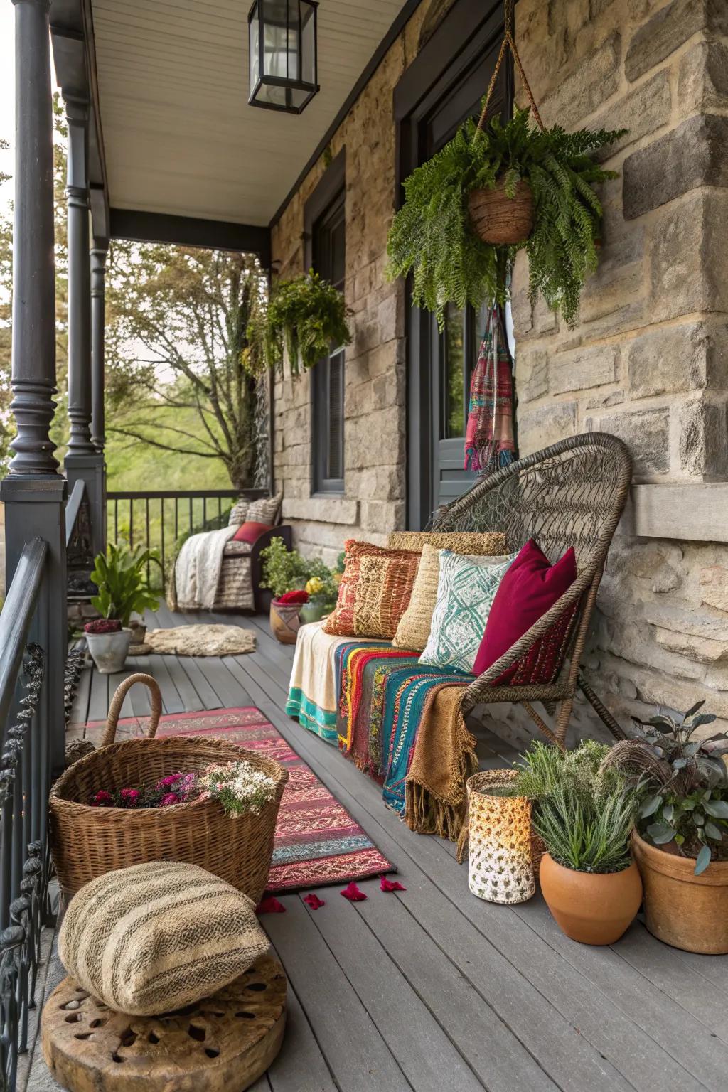 A mix of materials adds depth and interest to your bohemian porch.