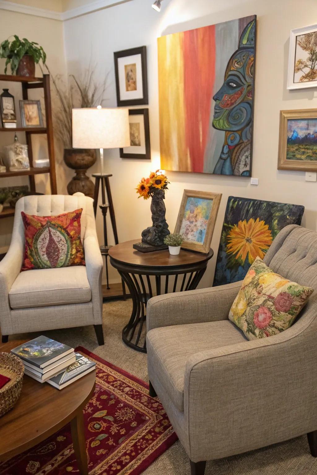 Artistic elements personalize your boho seating area.