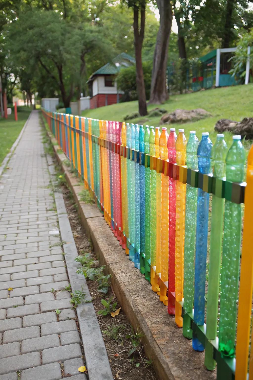 A vibrant and eco-friendly fence using recycled bottles.