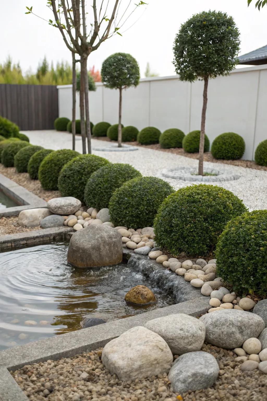 Create a peaceful retreat with zen-inspired boxwood arrangements.