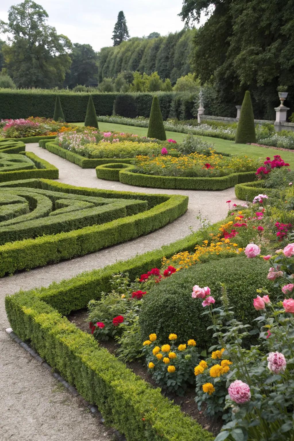 An elegant boxwood parterre in a formal garden setting.