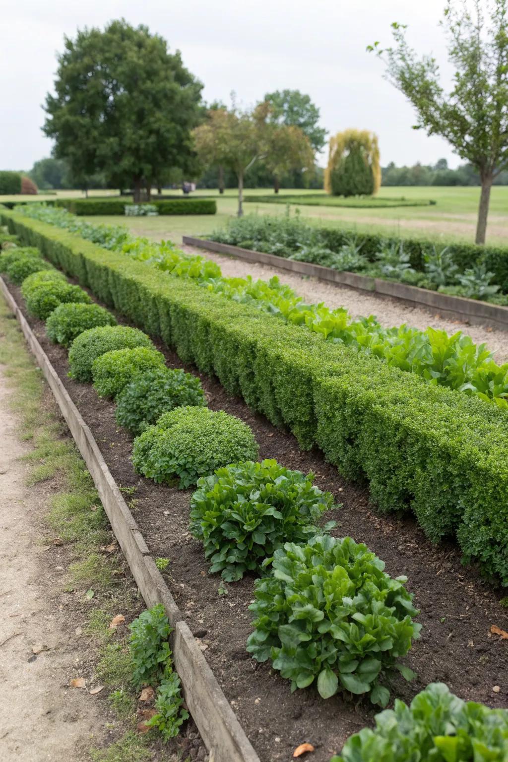Add order to vegetable gardens with boxwood edging.