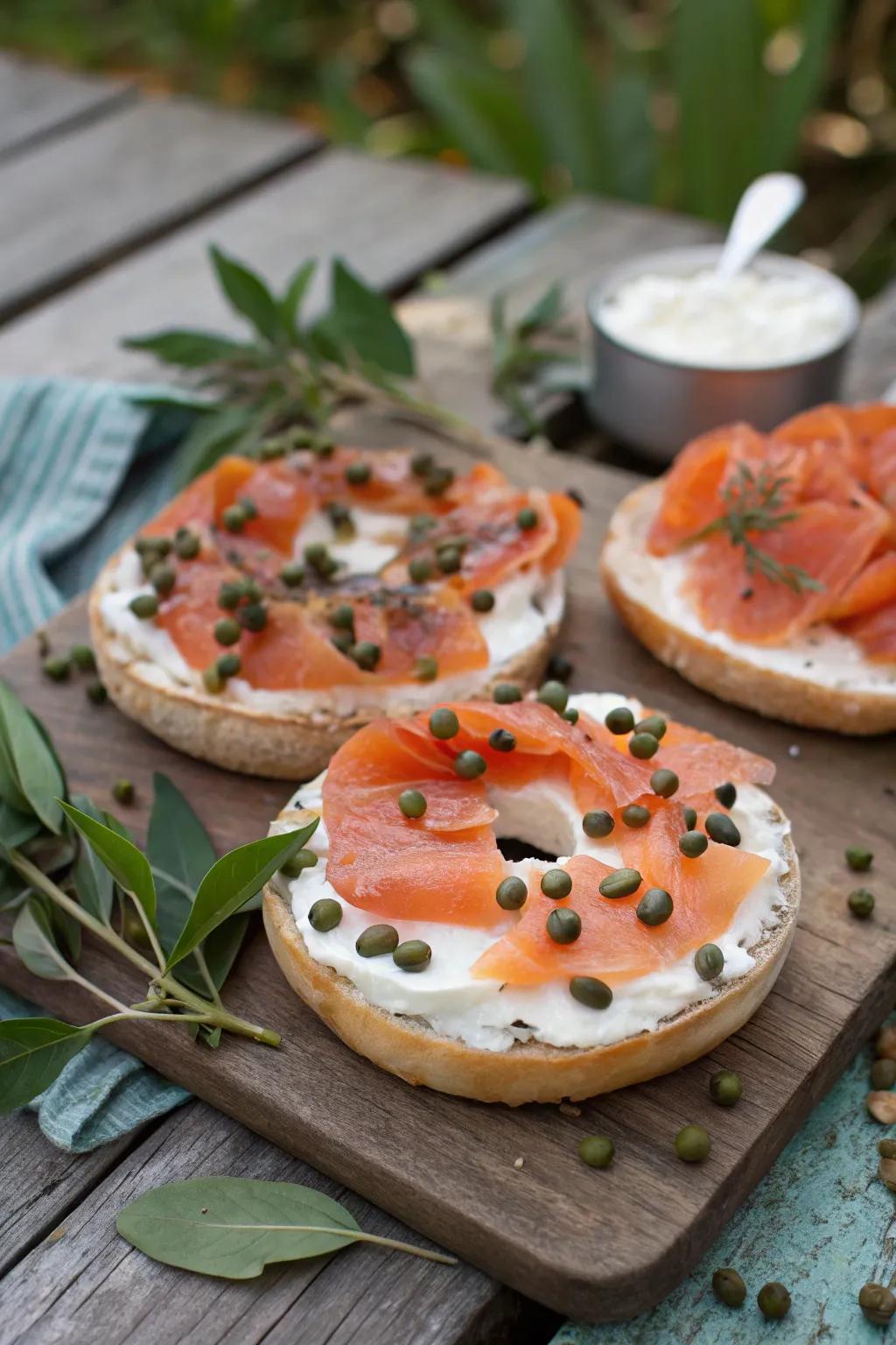 Experience a taste of luxury with smoked salmon bagels.