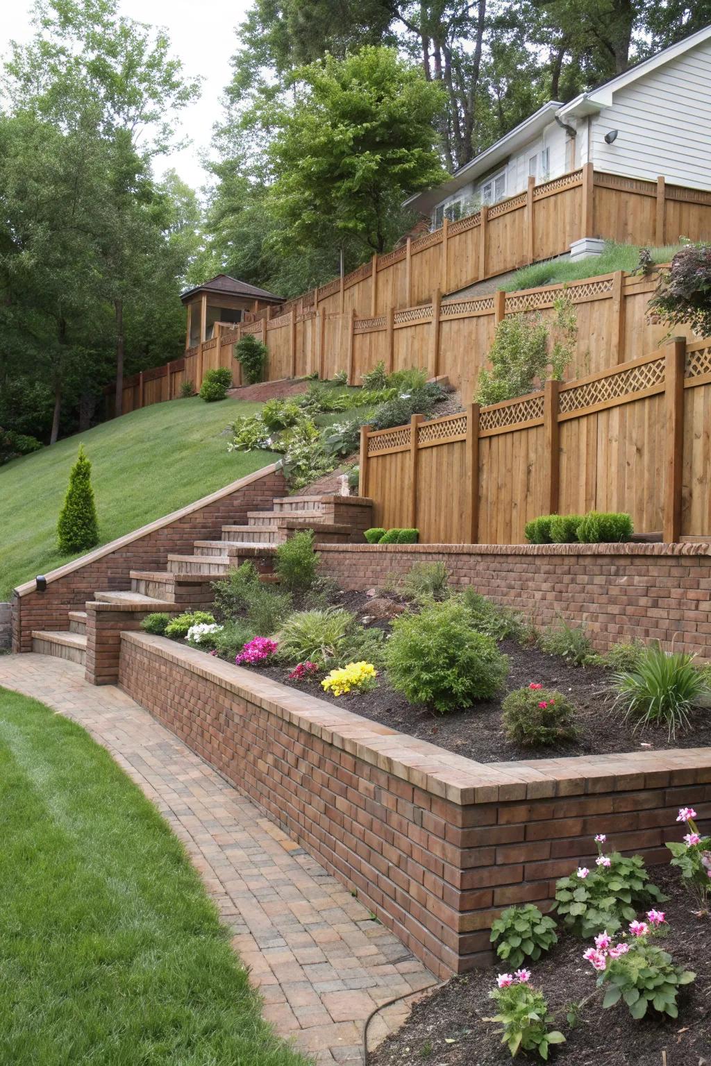 A tiered fence design for sloped landscapes