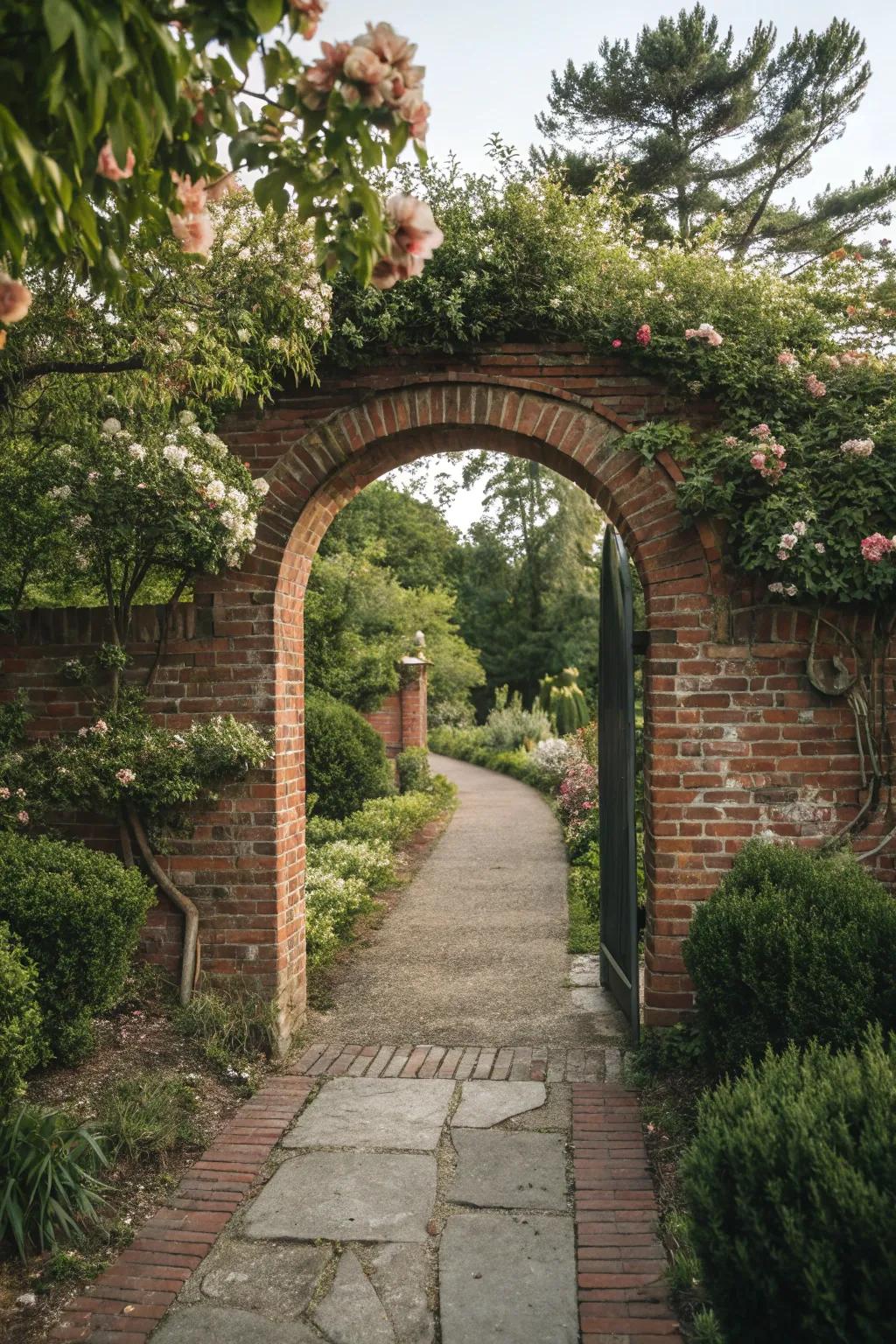 Brick archways offer a grand garden entrance.