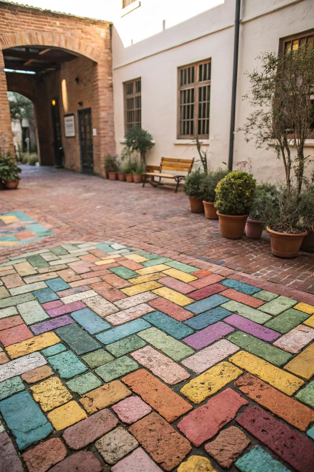 Colorful bricks brighten and enliven the courtyard.