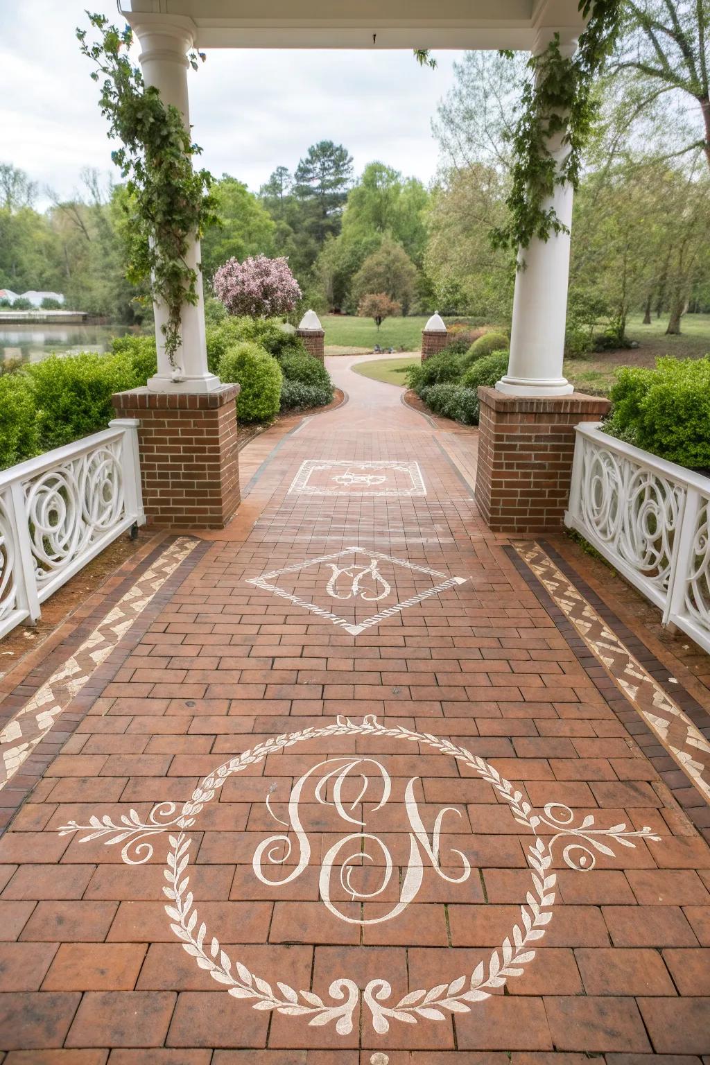 Artistic inlays personalize and elevate the design of this brick deck.